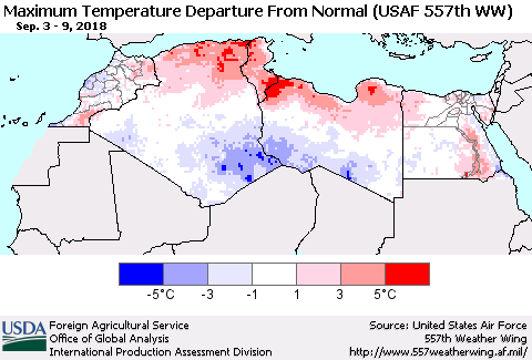 North Africa Mean Maximum Temperature Departure from Normal (USAF 557th WW) Thematic Map For 9/3/2018 - 9/9/2018