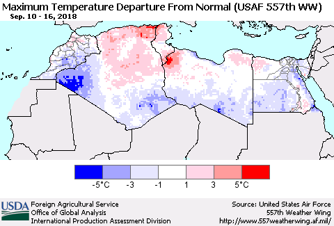 North Africa Mean Maximum Temperature Departure from Normal (USAF 557th WW) Thematic Map For 9/10/2018 - 9/16/2018