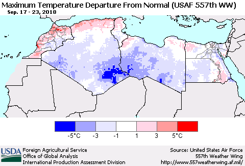 North Africa Mean Maximum Temperature Departure from Normal (USAF 557th WW) Thematic Map For 9/17/2018 - 9/23/2018