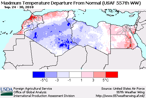 North Africa Mean Maximum Temperature Departure from Normal (USAF 557th WW) Thematic Map For 9/24/2018 - 9/30/2018