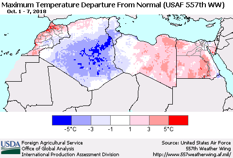 North Africa Mean Maximum Temperature Departure from Normal (USAF 557th WW) Thematic Map For 10/1/2018 - 10/7/2018
