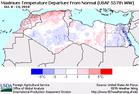 North Africa Mean Maximum Temperature Departure from Normal (USAF 557th WW) Thematic Map For 10/8/2018 - 10/14/2018