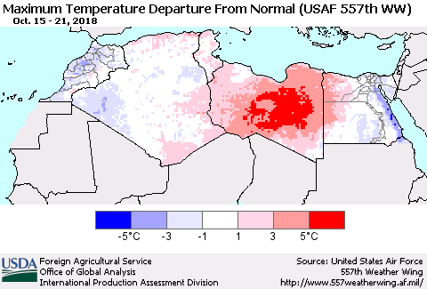 North Africa Mean Maximum Temperature Departure from Normal (USAF 557th WW) Thematic Map For 10/15/2018 - 10/21/2018