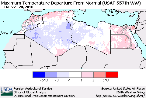 North Africa Mean Maximum Temperature Departure from Normal (USAF 557th WW) Thematic Map For 10/22/2018 - 10/28/2018