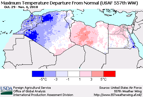North Africa Mean Maximum Temperature Departure from Normal (USAF 557th WW) Thematic Map For 10/29/2018 - 11/4/2018