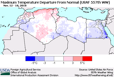 North Africa Mean Maximum Temperature Departure from Normal (USAF 557th WW) Thematic Map For 11/12/2018 - 11/18/2018
