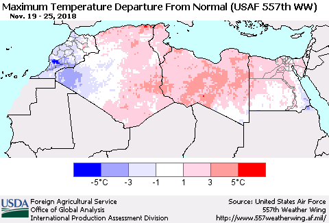 North Africa Mean Maximum Temperature Departure from Normal (USAF 557th WW) Thematic Map For 11/19/2018 - 11/25/2018