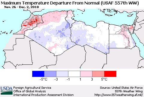 North Africa Mean Maximum Temperature Departure from Normal (USAF 557th WW) Thematic Map For 11/26/2018 - 12/2/2018