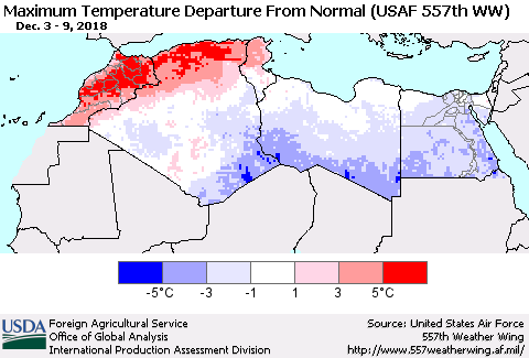 North Africa Mean Maximum Temperature Departure from Normal (USAF 557th WW) Thematic Map For 12/3/2018 - 12/9/2018