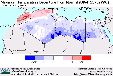 North Africa Mean Maximum Temperature Departure from Normal (USAF 557th WW) Thematic Map For 12/24/2018 - 12/30/2018