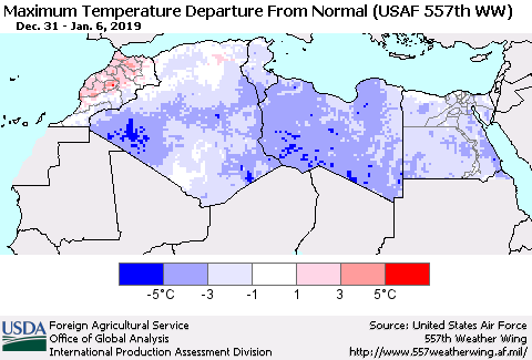 North Africa Mean Maximum Temperature Departure from Normal (USAF 557th WW) Thematic Map For 12/31/2018 - 1/6/2019