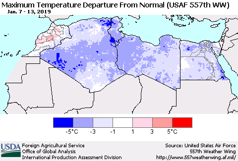 North Africa Mean Maximum Temperature Departure from Normal (USAF 557th WW) Thematic Map For 1/7/2019 - 1/13/2019