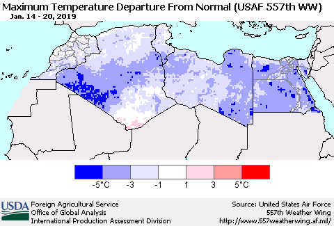 North Africa Mean Maximum Temperature Departure from Normal (USAF 557th WW) Thematic Map For 1/14/2019 - 1/20/2019