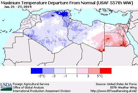 North Africa Mean Maximum Temperature Departure from Normal (USAF 557th WW) Thematic Map For 1/21/2019 - 1/27/2019