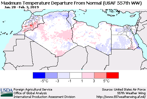 North Africa Mean Maximum Temperature Departure from Normal (USAF 557th WW) Thematic Map For 1/28/2019 - 2/3/2019