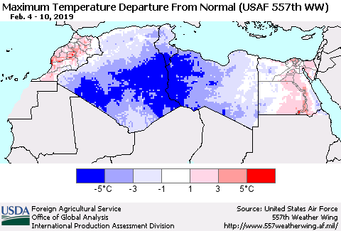 North Africa Mean Maximum Temperature Departure from Normal (USAF 557th WW) Thematic Map For 2/4/2019 - 2/10/2019
