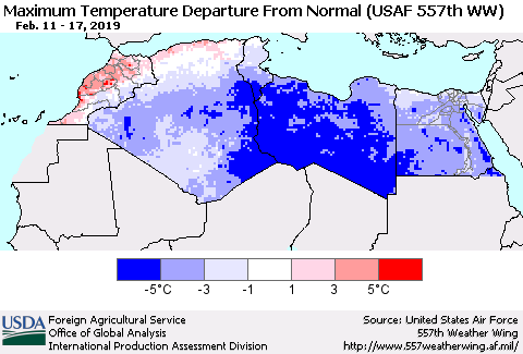 North Africa Mean Maximum Temperature Departure from Normal (USAF 557th WW) Thematic Map For 2/11/2019 - 2/17/2019