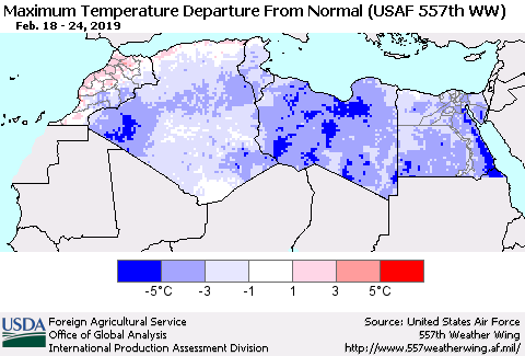 North Africa Mean Maximum Temperature Departure from Normal (USAF 557th WW) Thematic Map For 2/18/2019 - 2/24/2019
