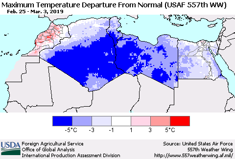 North Africa Mean Maximum Temperature Departure from Normal (USAF 557th WW) Thematic Map For 2/25/2019 - 3/3/2019