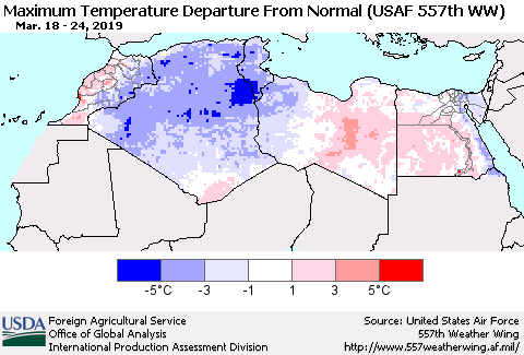 North Africa Mean Maximum Temperature Departure from Normal (USAF 557th WW) Thematic Map For 3/18/2019 - 3/24/2019