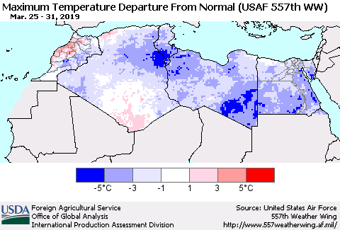 North Africa Mean Maximum Temperature Departure from Normal (USAF 557th WW) Thematic Map For 3/25/2019 - 3/31/2019