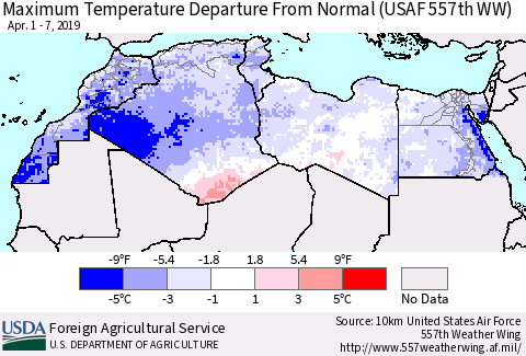 North Africa Mean Maximum Temperature Departure from Normal (USAF 557th WW) Thematic Map For 4/1/2019 - 4/7/2019