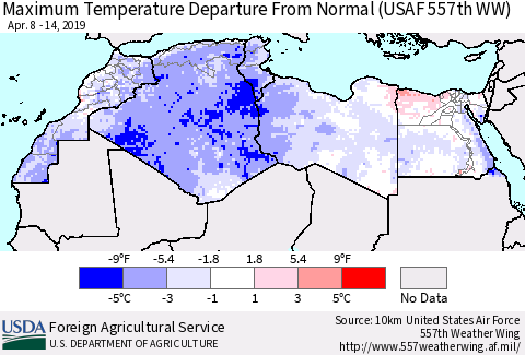 North Africa Mean Maximum Temperature Departure from Normal (USAF 557th WW) Thematic Map For 4/8/2019 - 4/14/2019