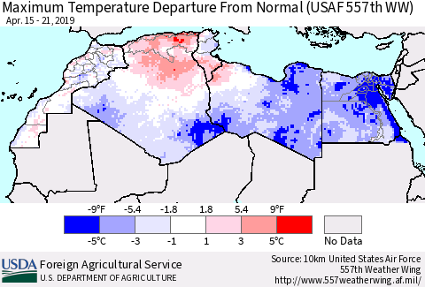 North Africa Mean Maximum Temperature Departure from Normal (USAF 557th WW) Thematic Map For 4/15/2019 - 4/21/2019