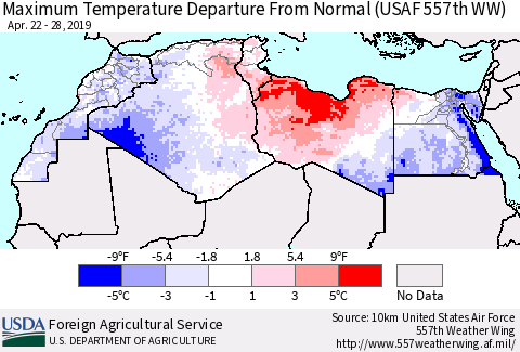 North Africa Mean Maximum Temperature Departure from Normal (USAF 557th WW) Thematic Map For 4/22/2019 - 4/28/2019