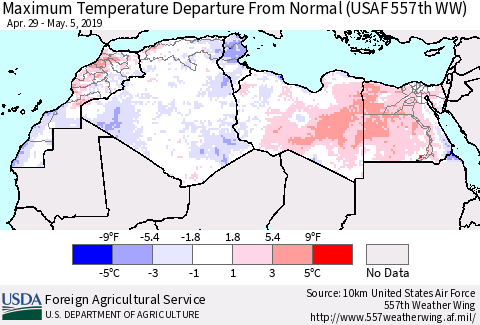 North Africa Mean Maximum Temperature Departure from Normal (USAF 557th WW) Thematic Map For 4/29/2019 - 5/5/2019
