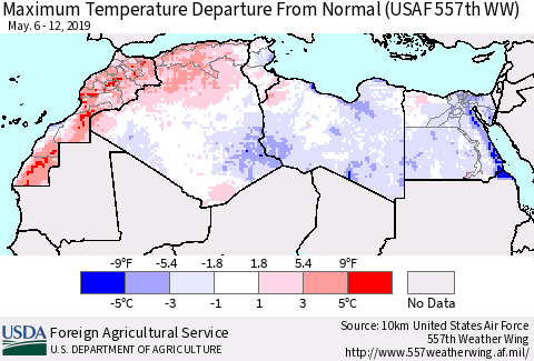 North Africa Mean Maximum Temperature Departure from Normal (USAF 557th WW) Thematic Map For 5/6/2019 - 5/12/2019