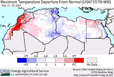North Africa Mean Maximum Temperature Departure from Normal (USAF 557th WW) Thematic Map For 5/13/2019 - 5/19/2019