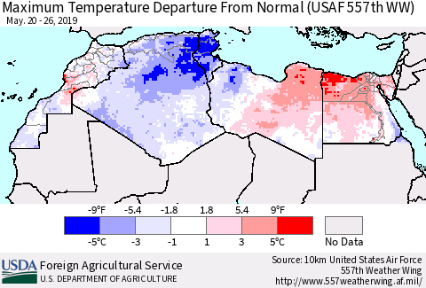 North Africa Mean Maximum Temperature Departure from Normal (USAF 557th WW) Thematic Map For 5/20/2019 - 5/26/2019