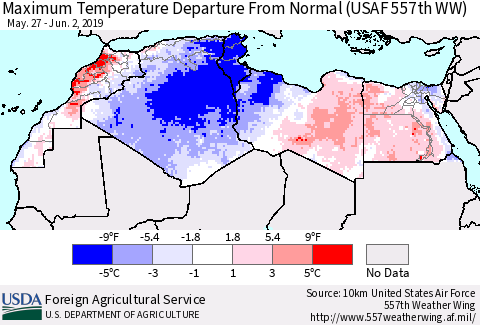 North Africa Mean Maximum Temperature Departure from Normal (USAF 557th WW) Thematic Map For 5/27/2019 - 6/2/2019