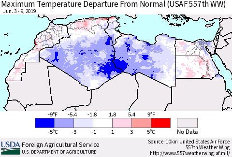 North Africa Mean Maximum Temperature Departure from Normal (USAF 557th WW) Thematic Map For 6/3/2019 - 6/9/2019