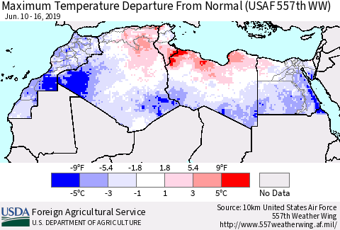 North Africa Mean Maximum Temperature Departure from Normal (USAF 557th WW) Thematic Map For 6/10/2019 - 6/16/2019