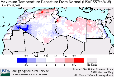 North Africa Mean Maximum Temperature Departure from Normal (USAF 557th WW) Thematic Map For 6/17/2019 - 6/23/2019