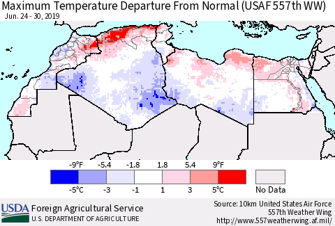North Africa Mean Maximum Temperature Departure from Normal (USAF 557th WW) Thematic Map For 6/24/2019 - 6/30/2019