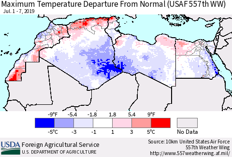 North Africa Mean Maximum Temperature Departure from Normal (USAF 557th WW) Thematic Map For 7/1/2019 - 7/7/2019