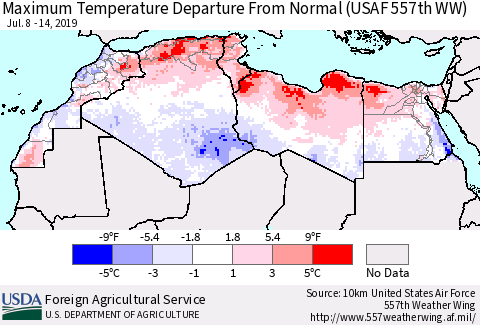 North Africa Mean Maximum Temperature Departure from Normal (USAF 557th WW) Thematic Map For 7/8/2019 - 7/14/2019