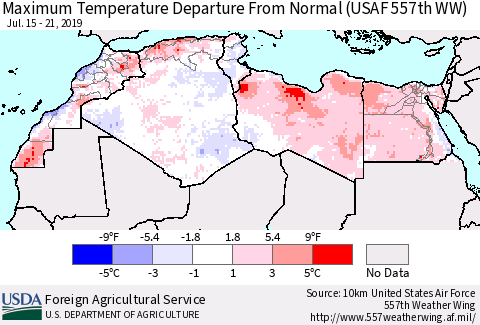North Africa Mean Maximum Temperature Departure from Normal (USAF 557th WW) Thematic Map For 7/15/2019 - 7/21/2019