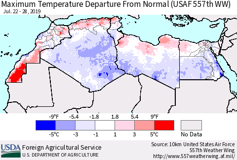 North Africa Mean Maximum Temperature Departure from Normal (USAF 557th WW) Thematic Map For 7/22/2019 - 7/28/2019