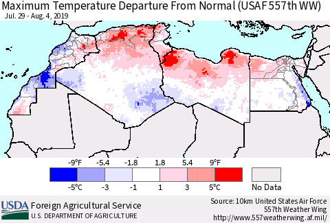 North Africa Mean Maximum Temperature Departure from Normal (USAF 557th WW) Thematic Map For 7/29/2019 - 8/4/2019