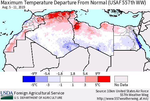 North Africa Mean Maximum Temperature Departure from Normal (USAF 557th WW) Thematic Map For 8/5/2019 - 8/11/2019
