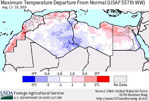 North Africa Mean Maximum Temperature Departure from Normal (USAF 557th WW) Thematic Map For 8/12/2019 - 8/18/2019