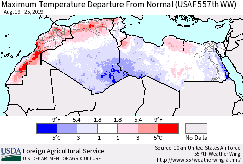 North Africa Mean Maximum Temperature Departure from Normal (USAF 557th WW) Thematic Map For 8/19/2019 - 8/25/2019