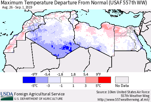 North Africa Mean Maximum Temperature Departure from Normal (USAF 557th WW) Thematic Map For 8/26/2019 - 9/1/2019
