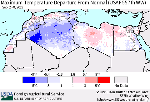 North Africa Mean Maximum Temperature Departure from Normal (USAF 557th WW) Thematic Map For 9/2/2019 - 9/8/2019