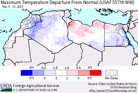 North Africa Mean Maximum Temperature Departure from Normal (USAF 557th WW) Thematic Map For 9/9/2019 - 9/15/2019