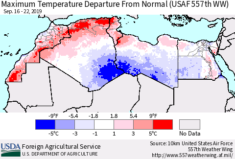 North Africa Mean Maximum Temperature Departure from Normal (USAF 557th WW) Thematic Map For 9/16/2019 - 9/22/2019